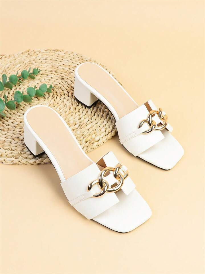 Women Chain Decor Chunky Heeled Sandals, Elegant White Mule Sandals | SHEIN