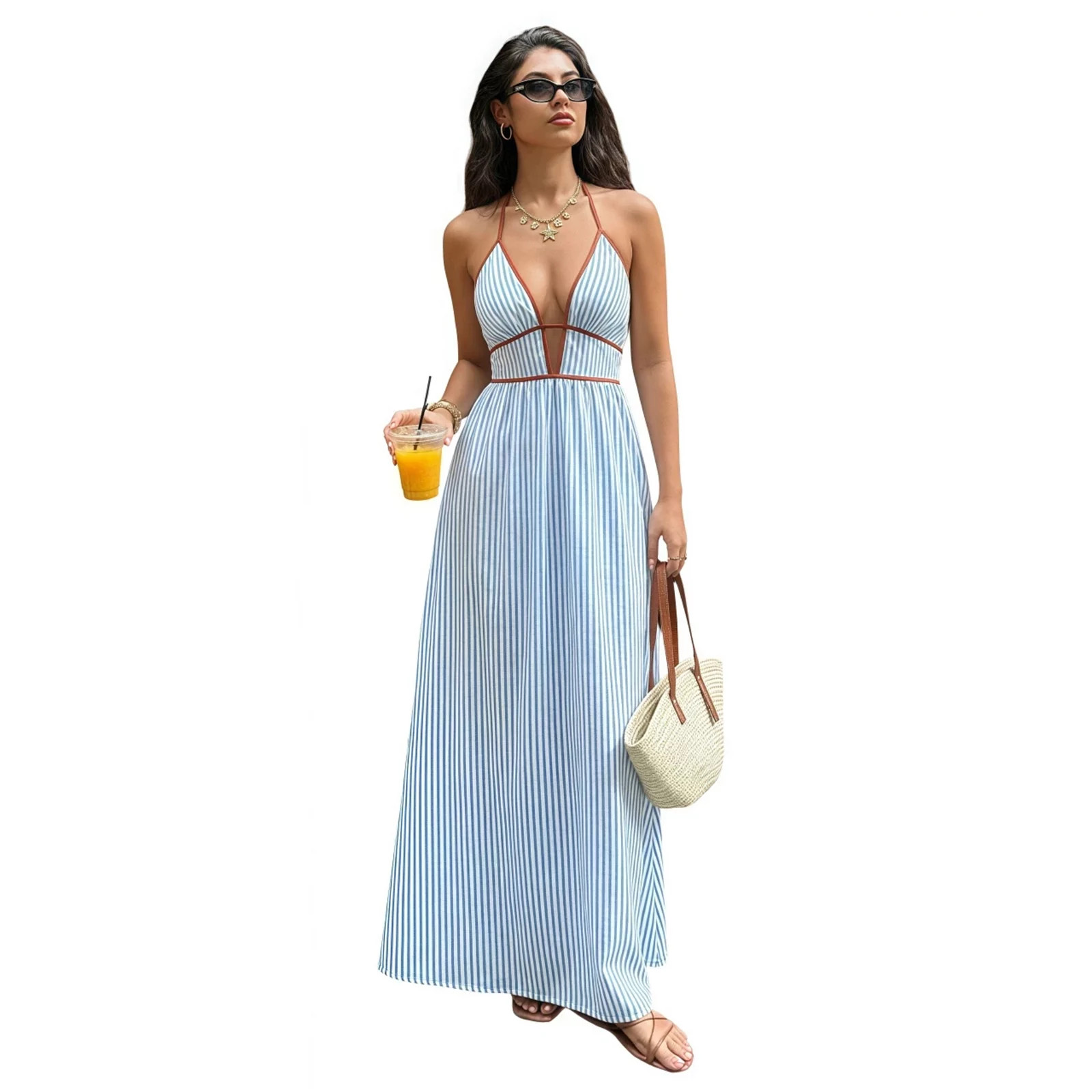 Women's Boho Striped Halter Maxi Dress Backless Smocked Beach Vacation Outfits | Kohl's
