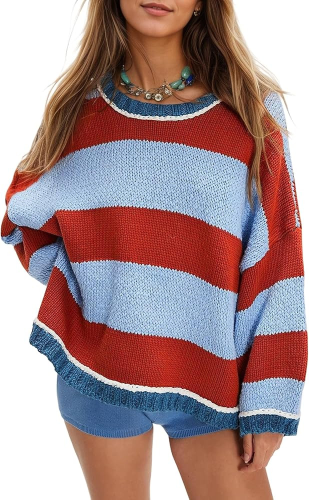 Women's Chunky Knit Striped Sweaters Casual Long Sleeve Crew Neck Oversized Pullover Sweater Wint... | Amazon (US)