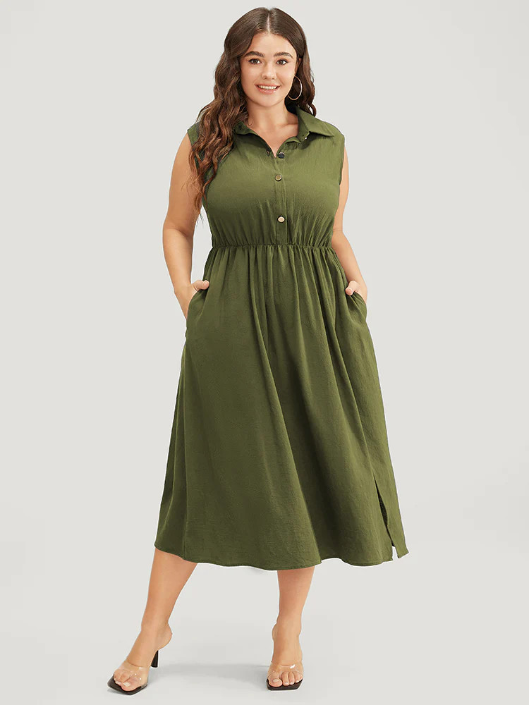 Solid Shirt Collar Sleeveless Pocket Button Up Split Hem Dress | Bloomchic