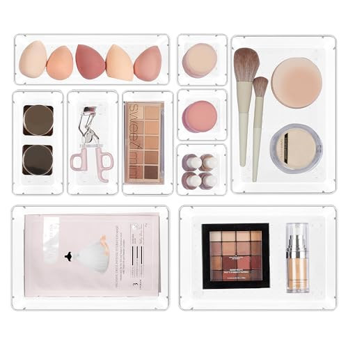 Vtopmart 10 Pcs Makeup Drawer Organizer Bins Set, 4 Size Plastic Makeup and Vanity Organizer Trays, Clear Acrylic Vanity Storage Containers for Cosmetics, Toiletries, Jewelry, Gadgets, Office Supply | Amazon (US)
