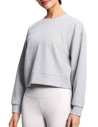 THE GYM PEOPLE Women's Crewneck Cropped Pullover Sweatshirt Cute Basic Long Sleeves Workout Tops Light Heather Grey | Amazon (US)