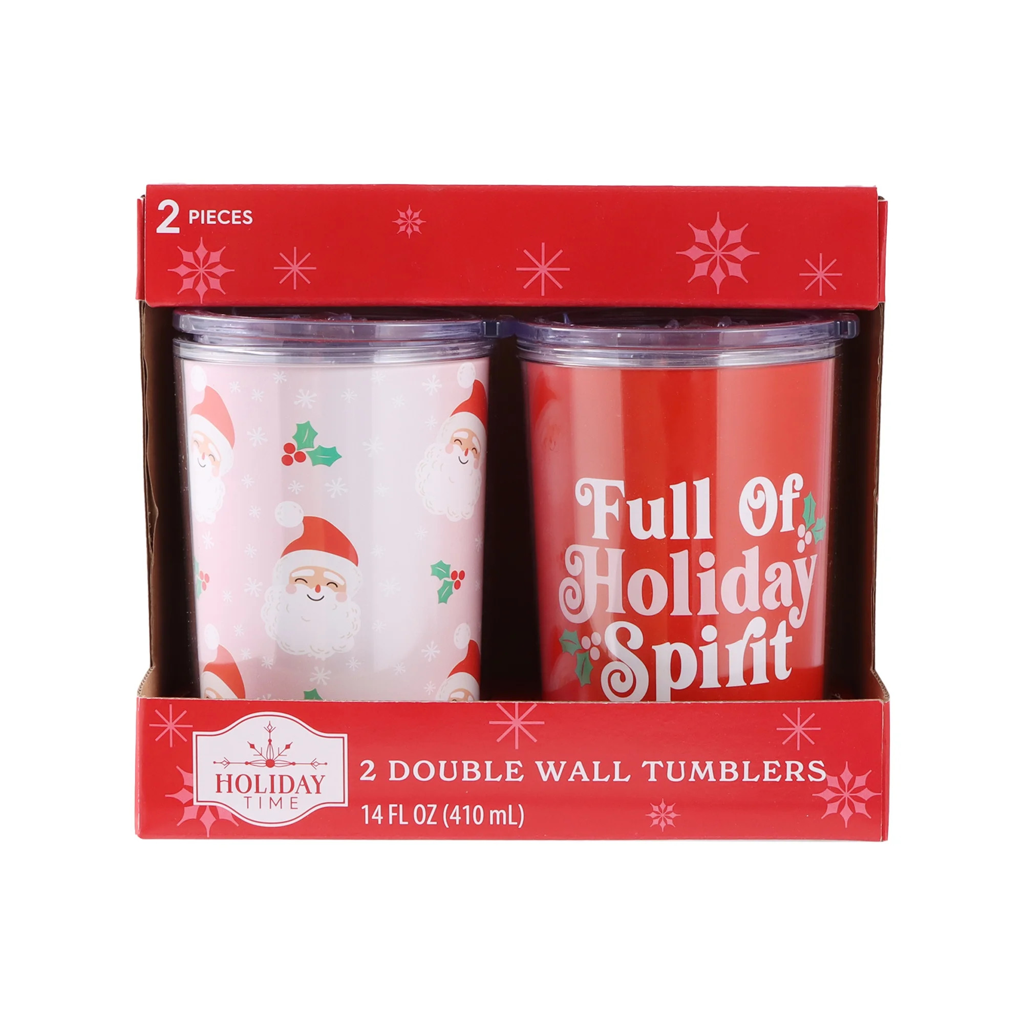2 Double-Wall Tumblers with Transparent Lid, Plastic, Red, White, 14 oz, Holiday Time, 2 Pack | Walmart (US)