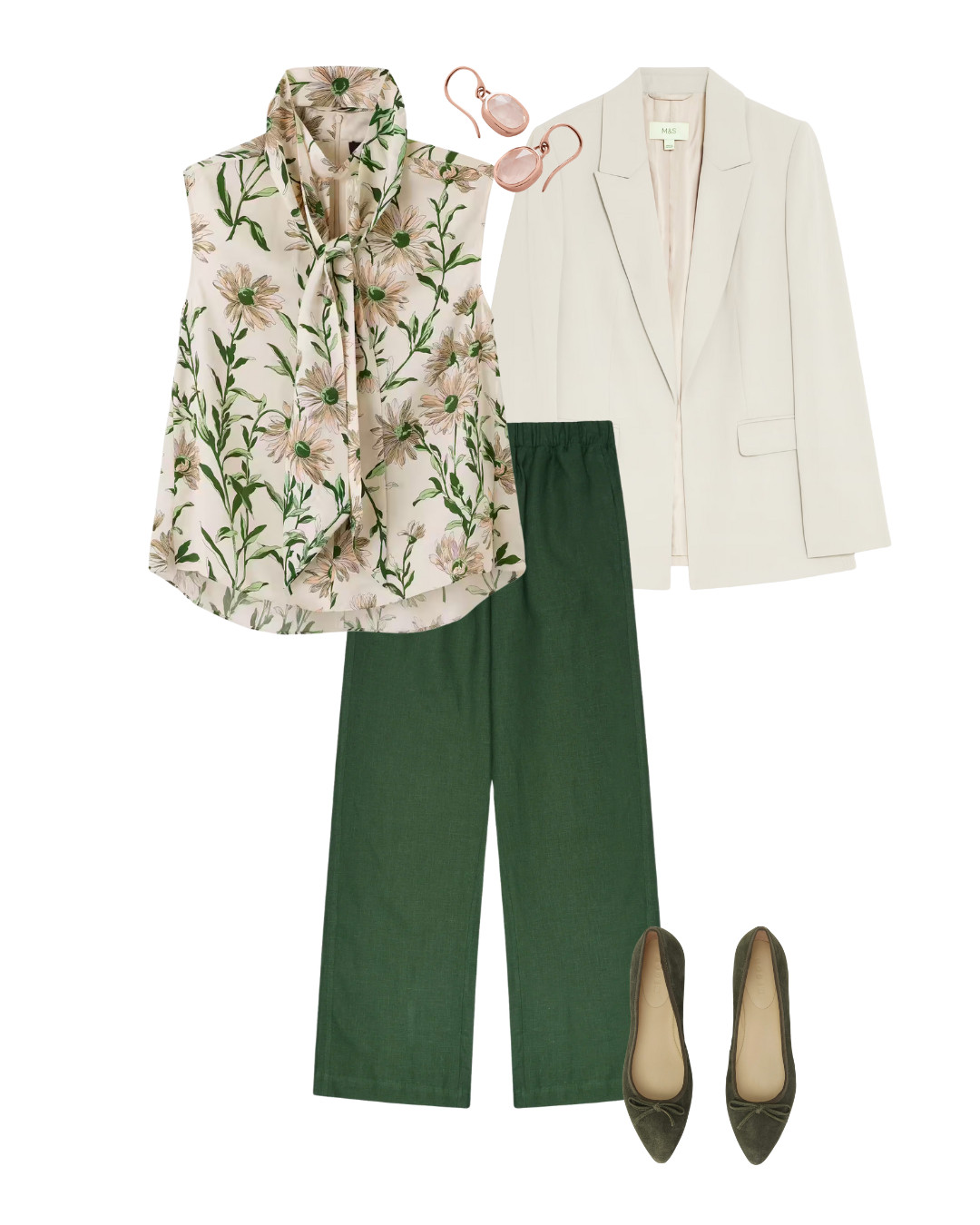 What to wear to host a summer lunch - silk print blouse, wide leg linen trousers, suede flats and a lightweight blazer 

 #LTKsummer #LTKover50style #LTKstyletip