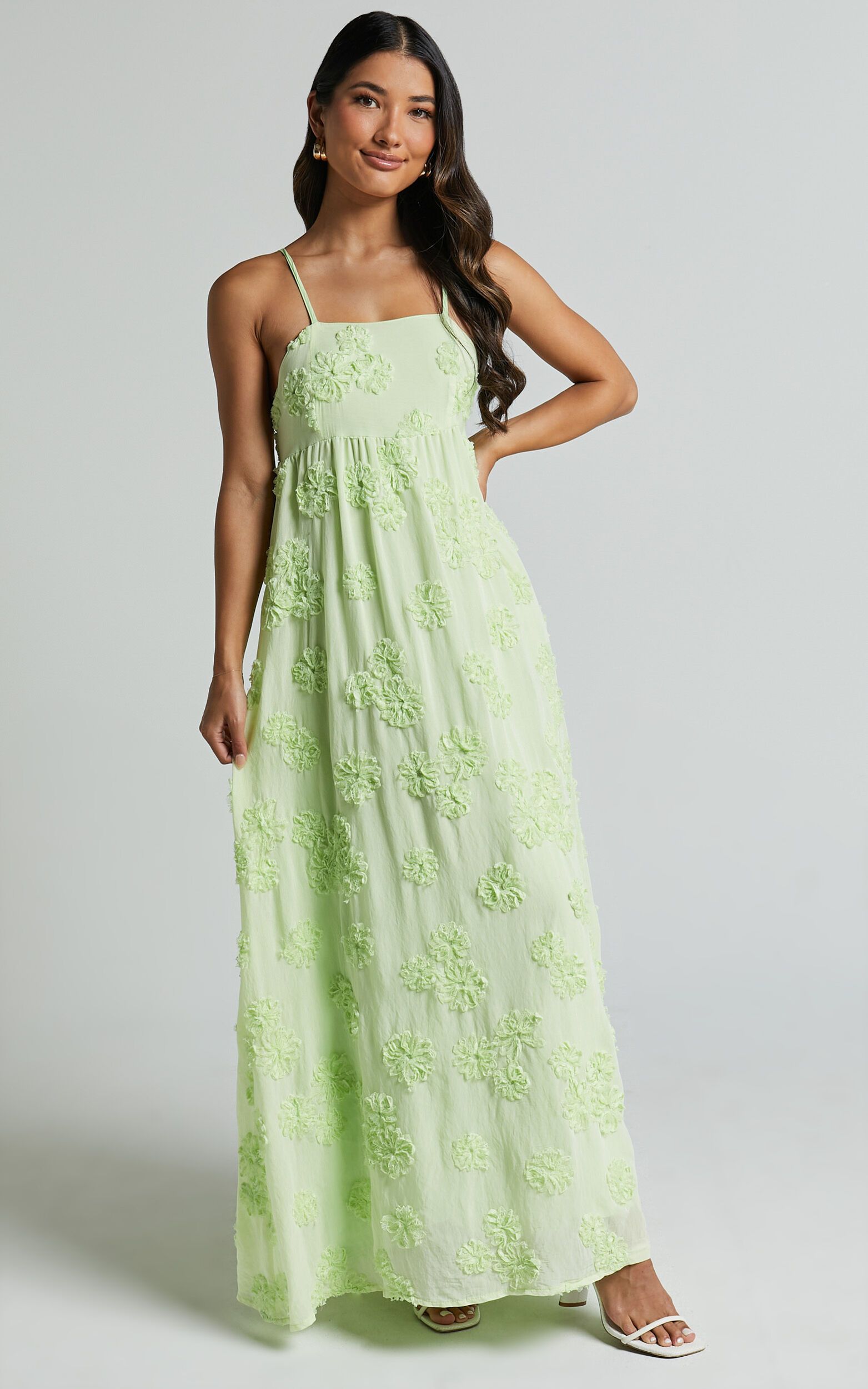Claya Maxi Dress - Sleeveless Straight Neckline Floral Detail Dress in Lime | Showpo (US, UK & Europe)