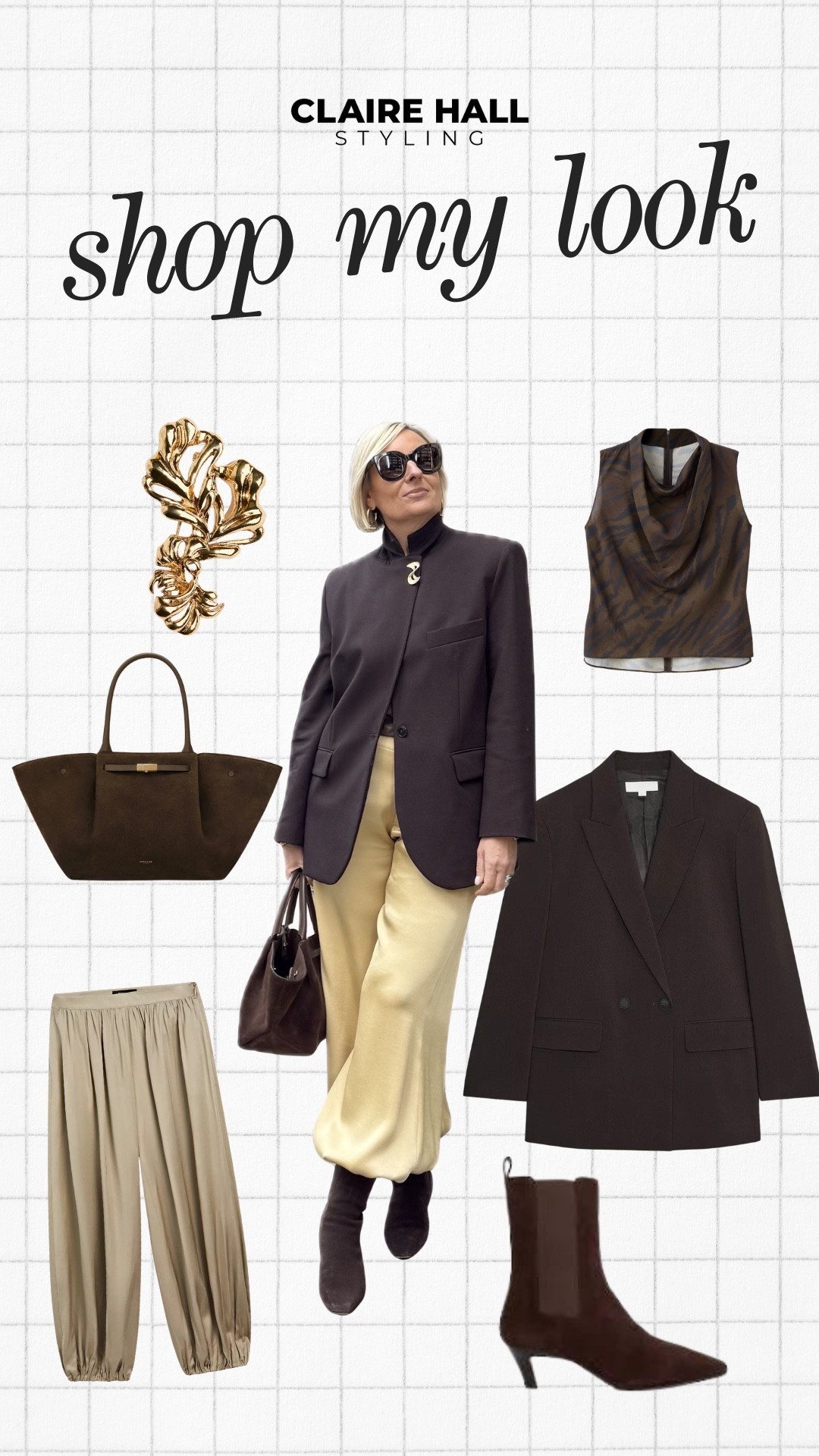 Brown blazer, brooch, satin balloon pants, brown zebra top, suede sock boots, New York Midi Demellier bag

#LTKootd #LTKSeasonal #LTKOver40