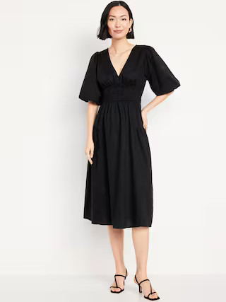 Waist-Defined Puff-Sleeve Midi Dress | Old Navy (US)