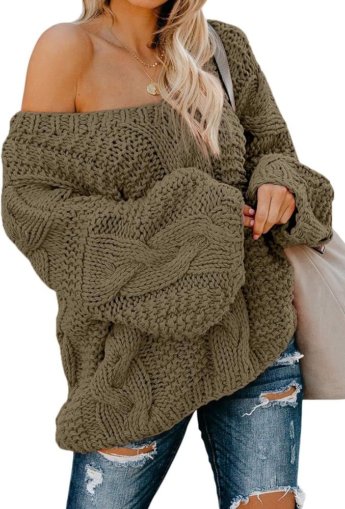 Astylish Womens Sexy Long Sleeve Off Shoulder Loose Cable Knit Pullover Sweater | Amazon (US)