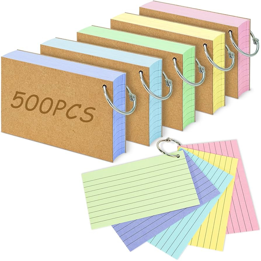 500PCS Colored Index Cards, 3x5 Inches Flash Cards with Ring, Lined on Both Side Notecards Ruled ... | Amazon (US)
