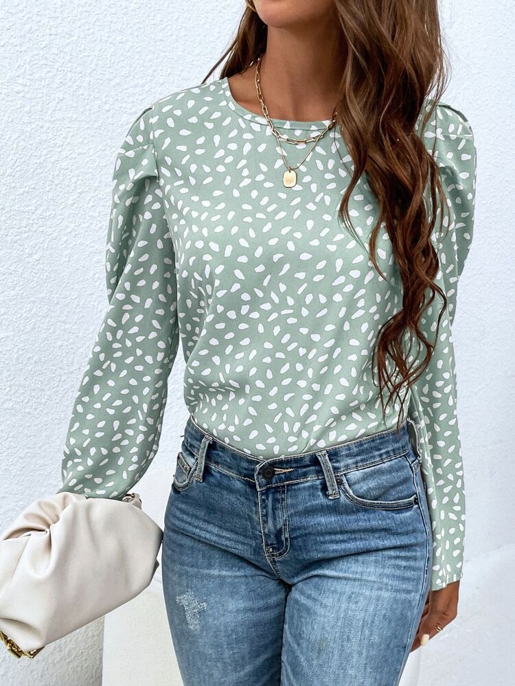 Allover Print Tie Back Puff Sleeve Blouse | SHEIN