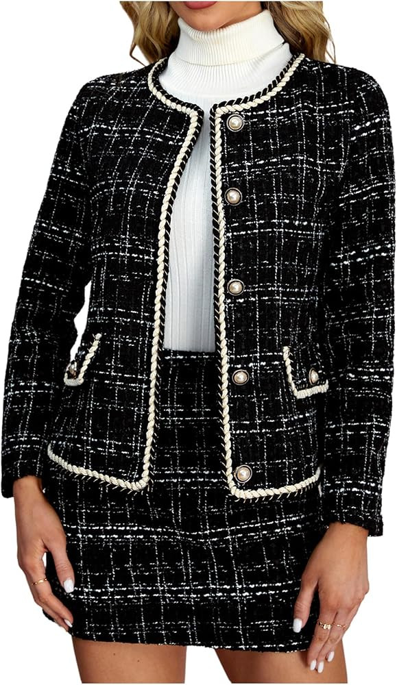 Women's 2 Piece Outfits Plaid Button Front Long Sleeve Tweed Jacket and Mini Skirt Elegant Set | Amazon (US)
