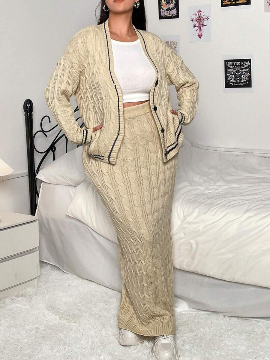 Plus Striped Trim Drop Shoulder Cardigan & Cable Knit Skirt | SHEIN