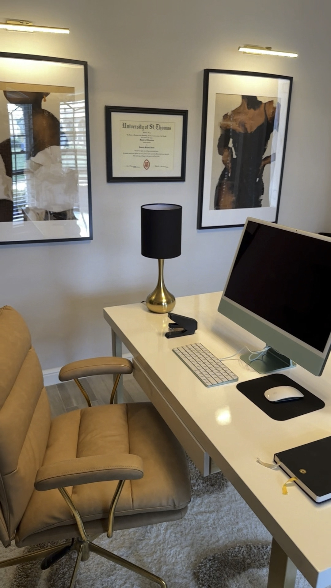 Modern home office, neutral office decor, neutral office chair, modern desk chair, glam office desk, modern office desk, neutral decor, neutral wall art, feminine office decor, leather office chair, white desk, gold desk, black accent chairs, modern accent chairs, velvet chairs, black and white decor, shelf styling, office shelves, office bookcases, black art, African American art, picture lights, gold lamp, black lampshade, pampas grass, tall vase, black vase, white vase, neutral vases, decorative boxes

#LTKstyletip #LTKVideo #LTKhome