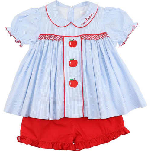 Blue Gingham Smocked Embroidered Apple Short Set | Cecil and Lou