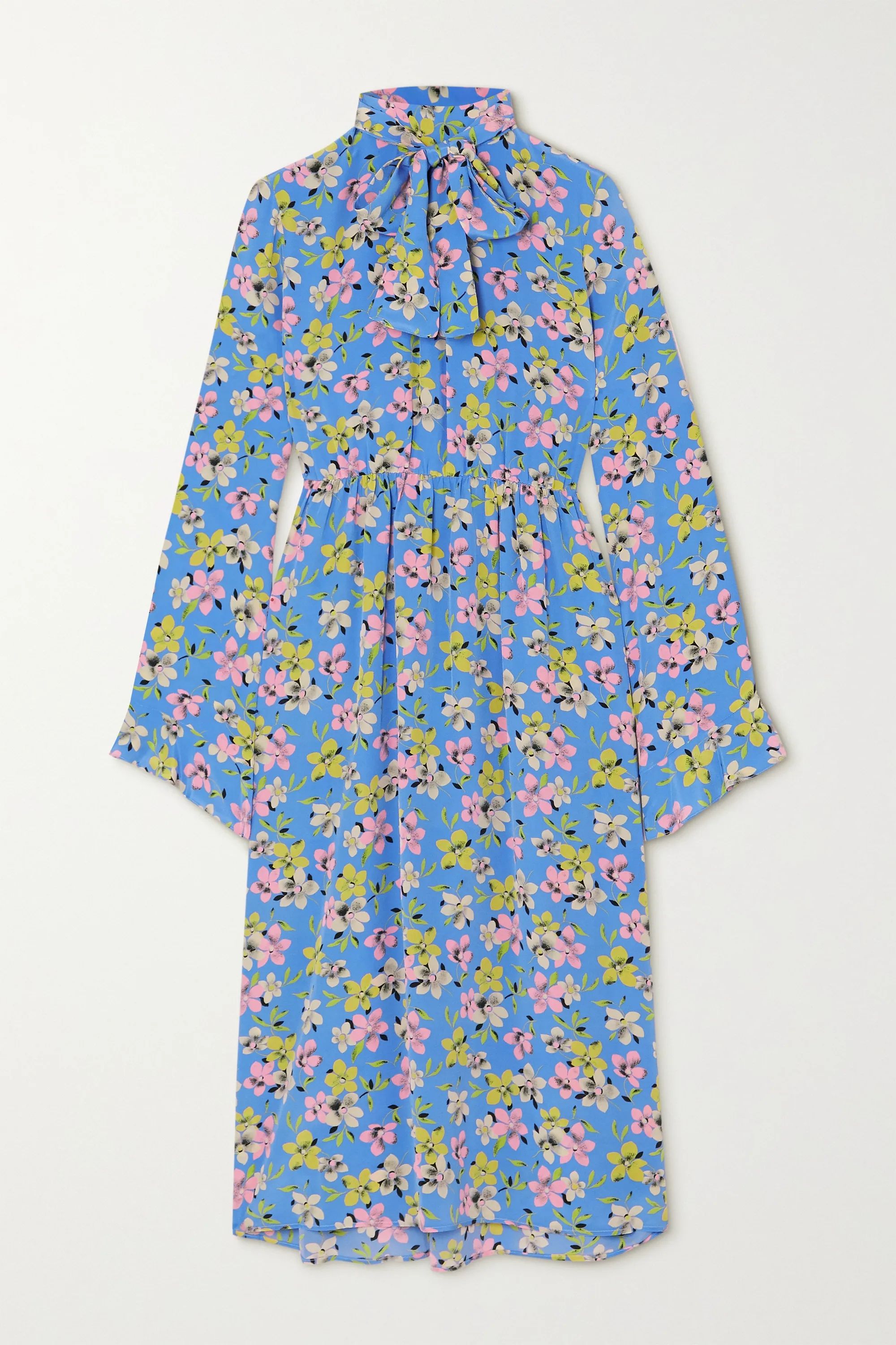 Blue Pussy-bow floral-print silk-crepe midi dress | Les Rêveries | NET-A-PORTER | NET-A-PORTER (US)