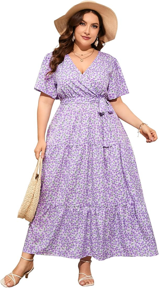 ShopWonder Womens Plus Size V Neck Wrap Maxi Dress High Waist Ruffle Summer Casual Dress with Bel... | Amazon (US)