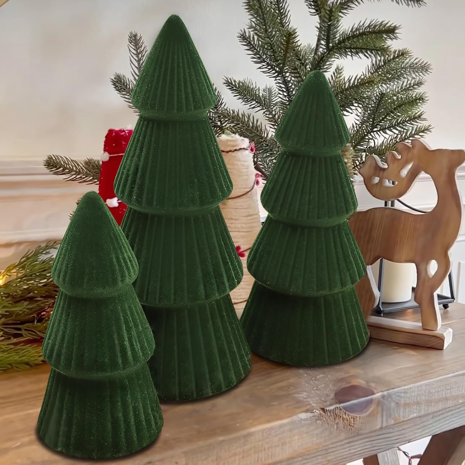 Christmas Decorations - Set of 3 Velvet Ceramic Christmas Trees - Modern Cone Indoor Christmas De... | Amazon (US)