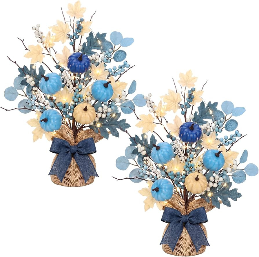 Yinder 2 Pack 18" Blue White Fall Pumpkin Tree with LED Lights Decor | Amazon (US)