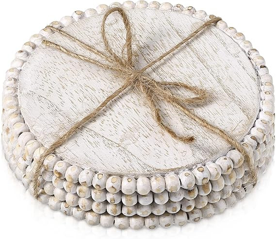 4 Pieces Wood Beaded Coasters 3.9 Inch Round Rustic Farmhouse Coasters Wooden Coasters for Drinks... | Amazon (US)