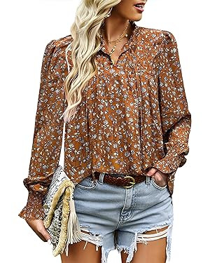HOTOUCH Womens Long Sleeve Tops Boho Floral Printed Blouses Casual V Neck Pleated Drawstring Peas... | Amazon (US)