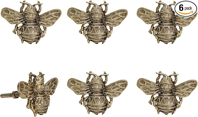 SOFFEE DESIGN Set of 6 Vintage Matte Gold Pewter Cabinet Knobs, Decorative Metal Bee Shape Knobs ... | Amazon (US)