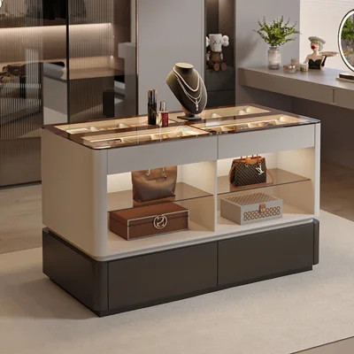 55.12" Light Luxury Two-Tone Cloakroom Jewelry Cabinet, Tempered Glass Display with LED Light, Large-Capacity Double-Sided Storage Chest of Drawers | Wayfair North America