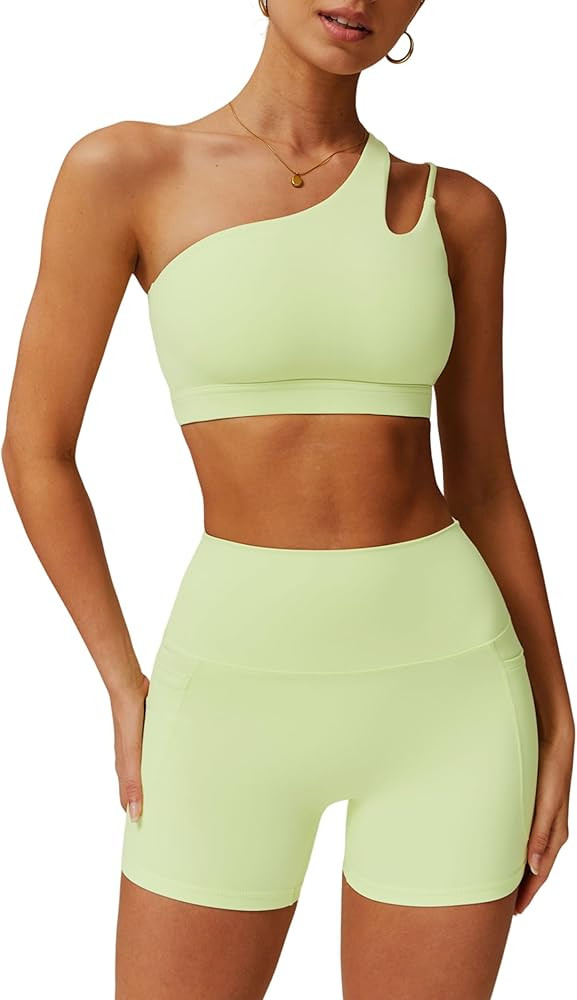 Womens Workout Sets Single Shoulder Straps Sport Bra Matching Shorts 2 Piece Gym Yoga Active Outf... | Amazon (US)