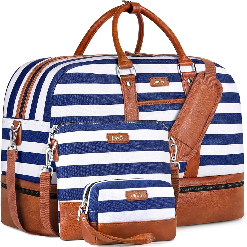 Weekender Bag for Women, Large Overnight Bag Canvas Travel Duffel Bag Carry On Tote with Shoe Com... | Amazon (US)