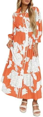 Wenrine Womens Maxi Shirt Dress Casual Floral Collared 3/4 Long Sleeve Drawstring Waist Fall Butt... | Amazon (US)