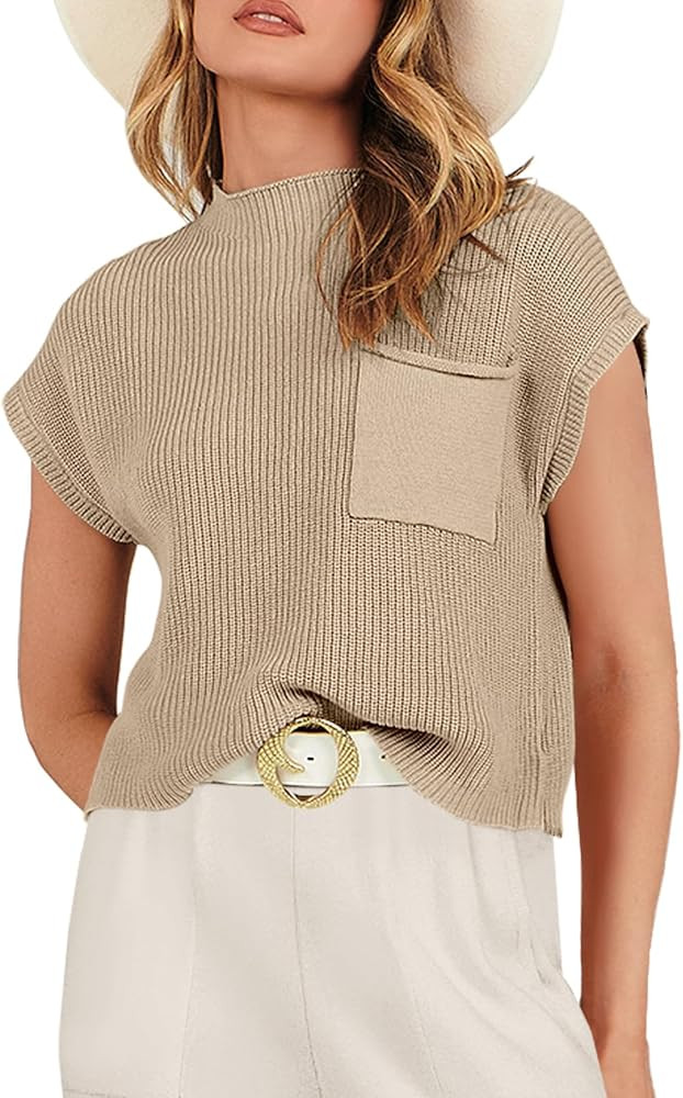ANRABESS Women Casual Short Sleeve Mock Neck Ribbed Knit Loose Fit Trendy Spring Cropped Sweater ... | Amazon (US)