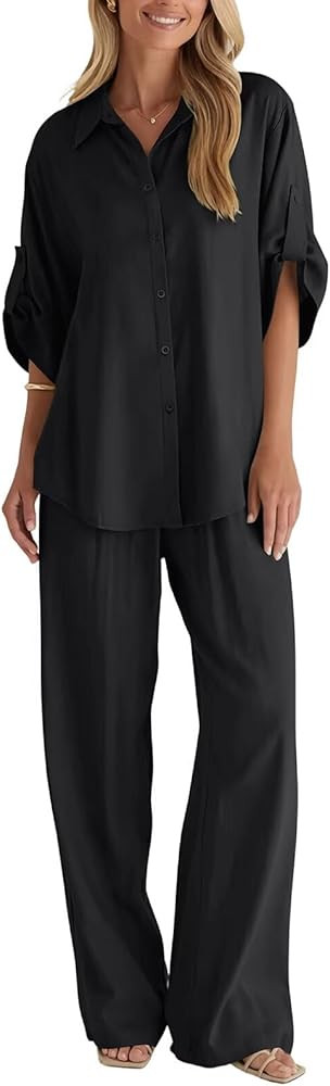 BWQ Women's Linen 2 Piece Outfits Casual Half Sleeve Button Down Shirt and Wide Leg Pants Set Sum... | Amazon (US)