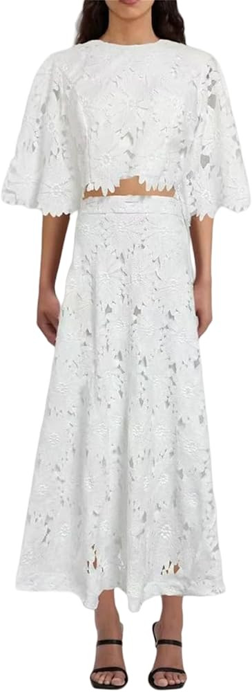 NIFTRIRY Two Piece Sets for Women Dressy Solid Color Embroidered Short Sleeve Crop Top and Maxi S... | Amazon (US)