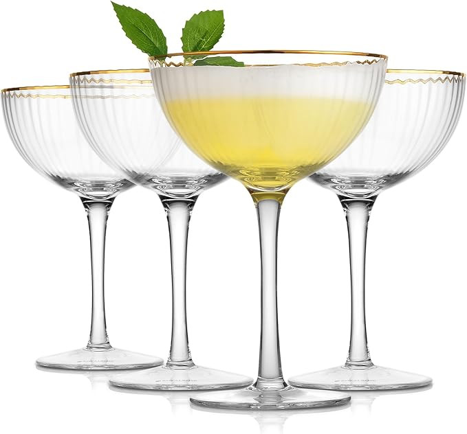 Royalrose Premium Cheerfull Fluted Coupe Glasses, 10.7 oz Vintage Gold Rim, Hand-Blown Fine Glass... | Amazon (US)