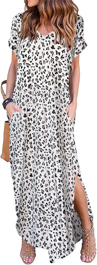 Women's Short Sleeve V Neck Pocket Casual Side Split Beach Long Maxi Dress | Amazon (US)