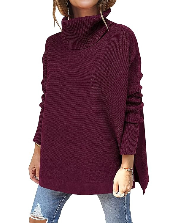 ANRABESS Women's Oversized Turtleneck Batwing Sleeve Spilt Casual Loose Knit Tunic Pullover Sweat... | Amazon (US)