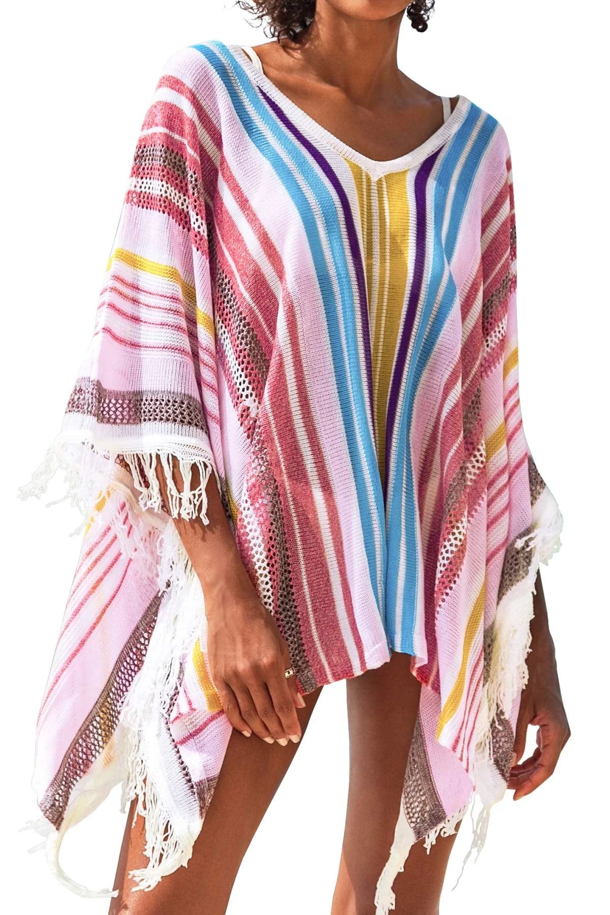 Cupshe Women's Cover up Colorful Stripe Tassels V Neck Swimsuit | Walmart (US)