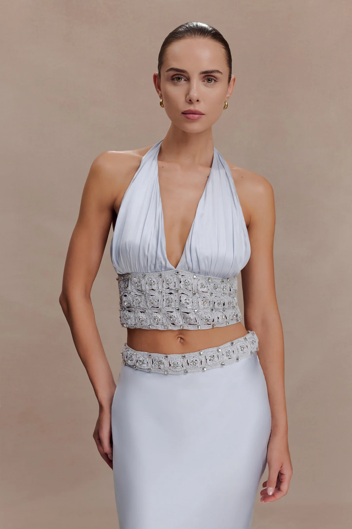 Clementine Chiffon Hand Beaded Top - Pale Blue | Meshki UK