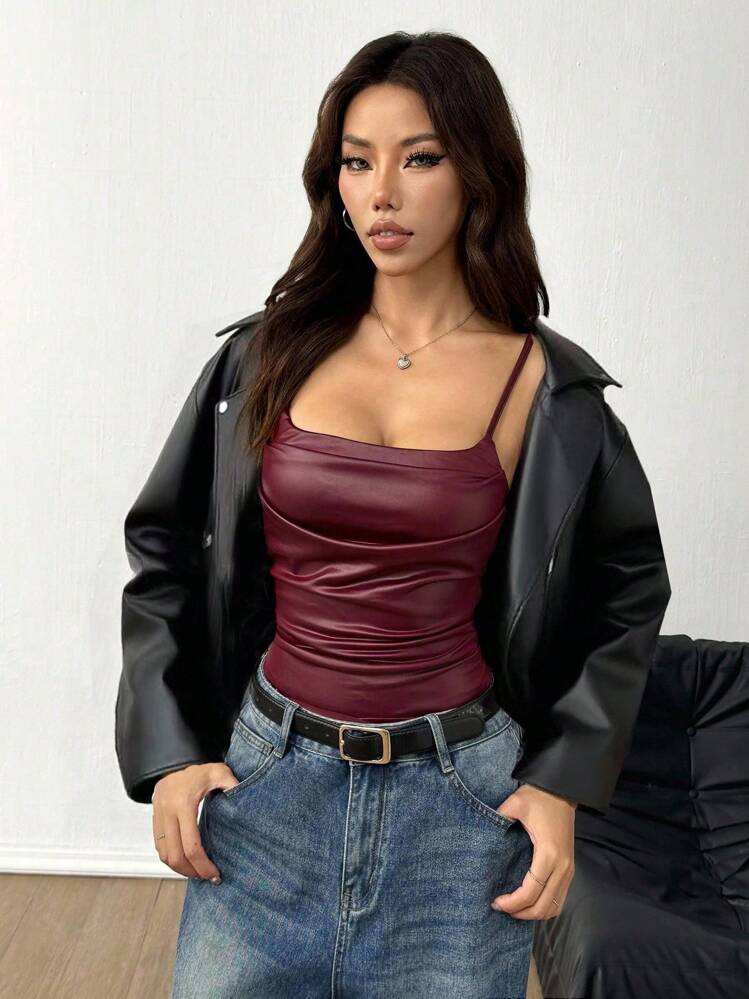 Chiquease Sexy Minimalist High Stretch PU Camisole, Spandex Burgundy Spaghetti Strap Cami Top | SHEIN