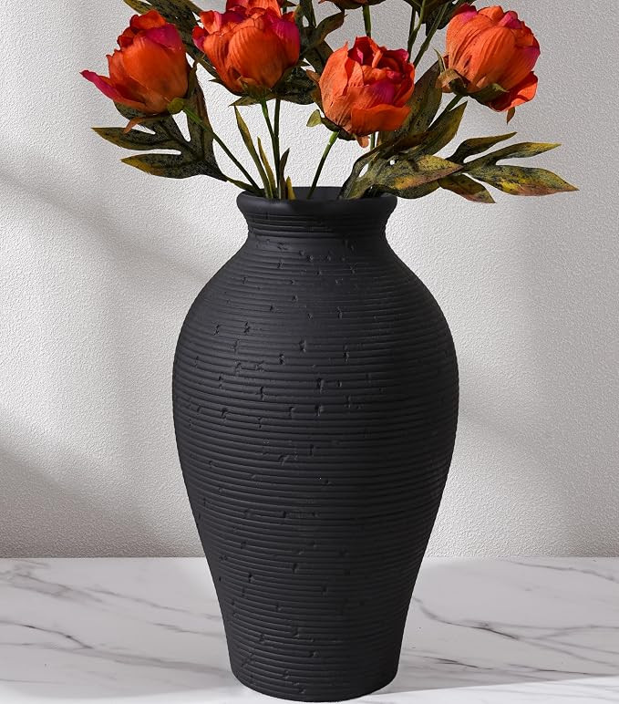 Ceramic Flower Vase Home Decor, 11 in Farmhouse Table Black Vases Rustic Vintage Living Room Kitc... | Amazon (US)