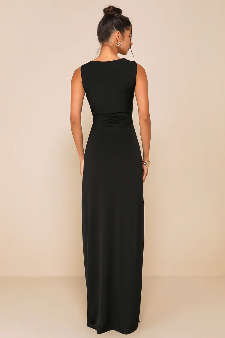 Significant Allure Black Slinky Knit Ruched Maxi Dress | Lulus