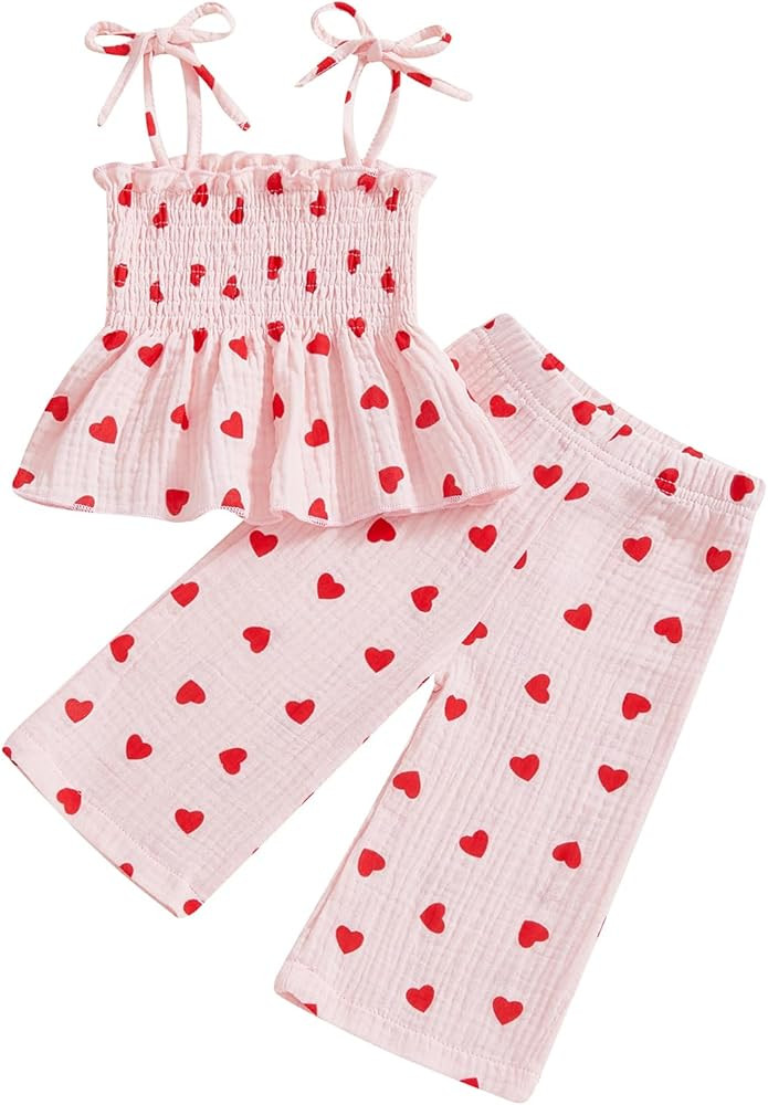 VISGOGO Valentines Day Baby Girl Outfits Sleeveless Smocked Strap Camisole Linen Pants Heart/Bow ... | Amazon (US)