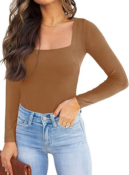 REORIA Womens Sexy Square Neck Double Lined Long Sleeve Bodysuit Tops Jumpsuits | Amazon (US)