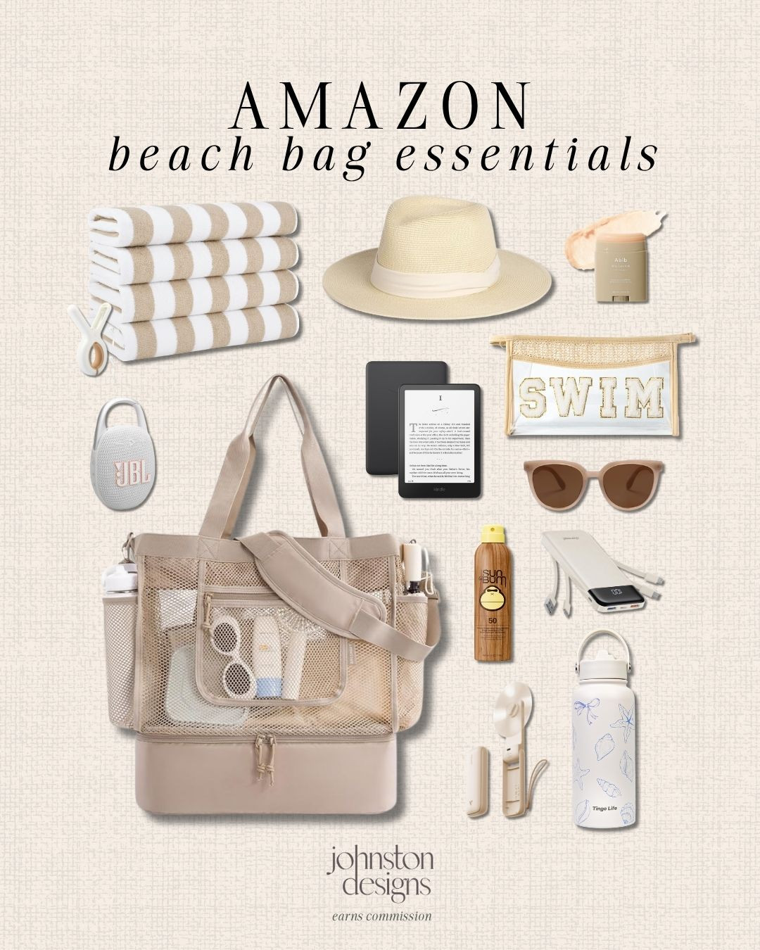 Amazon beach bag essentials for a clean, organized beach day. 🌊

Neutral mesh beach tote with compartments to keep everything in place. Striped towels, SPF sunscreen, sunglasses and a straw hat for sun coverage, water bottle, portable charger, Kindle and mini speaker for all day comfort and convenience.

#amazonfinds #beachessentials #beachbag #summermusthaves #coastalstyle #vacationessentials #amazonstyle #beachday #travelessentials #ltkstyle 

 #LTKmomlife #LTKSwim #LTKTravel