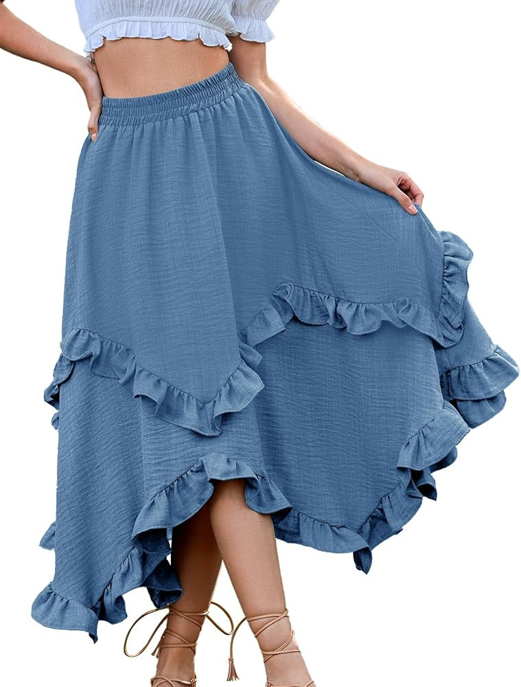Bridesmay Renaissance Fairy Skirt 2025 Asymmetrical Ruffle Hem Elastic Waisted Long Maxi Skirts f... | Amazon (US)
