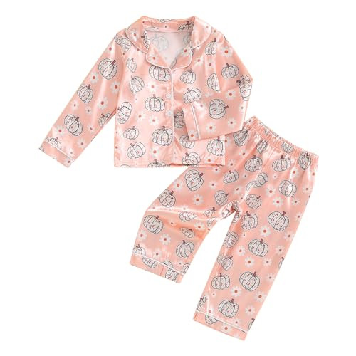 Kayotuas Halloween Pajamas Toddler Girl Pumpkin Ghost Pajama Set Long Sleeve Button Down Shirt Pants Fall 2 Piece Satin Pjs (Lotus Pink, 4-5 Years) | Amazon (US)