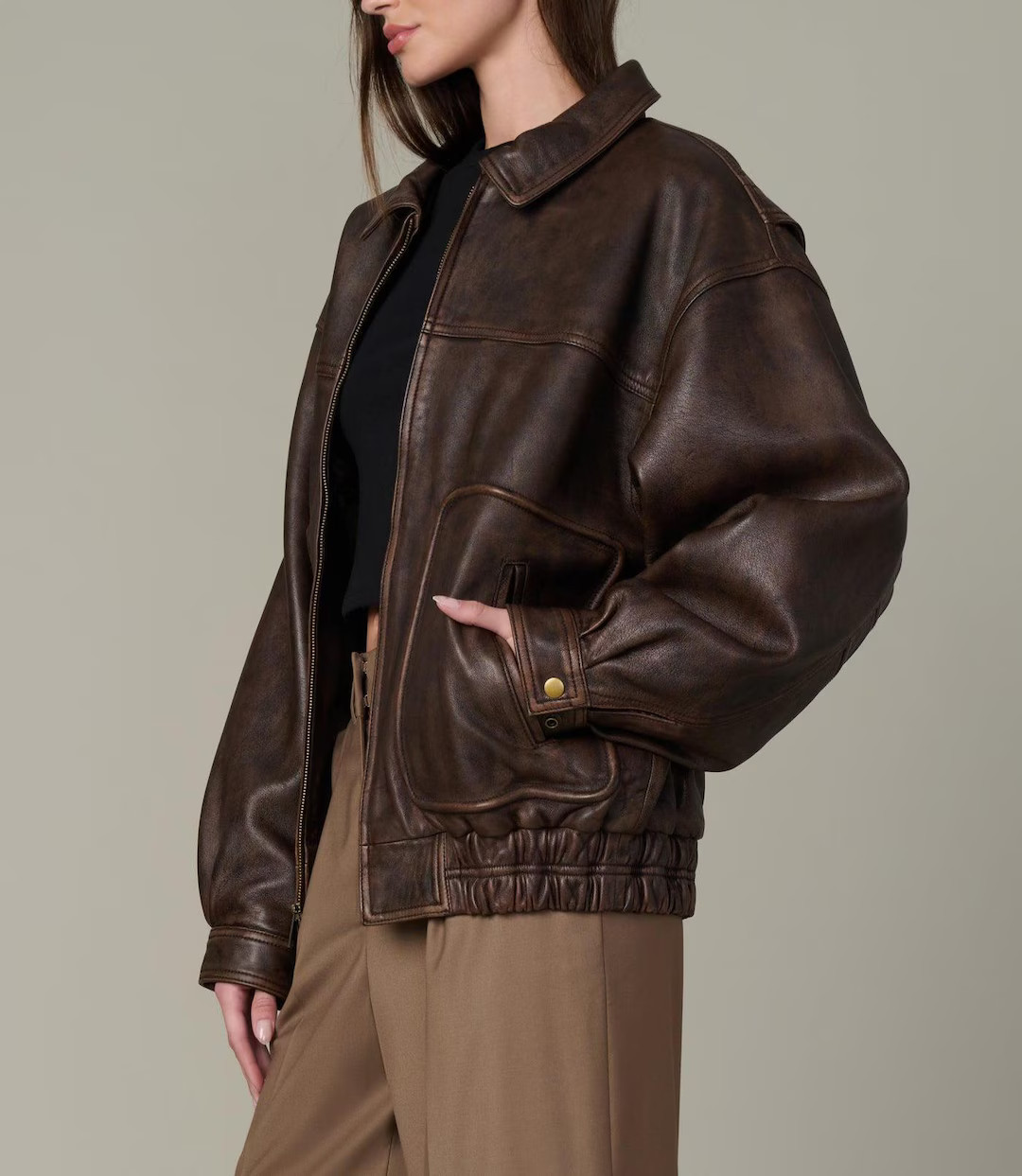 1980s Oversized Distressed Vintage Real Brown Leather Jacket: Bomber Retro Boxy Fit Coat - Etsy | Etsy (US)