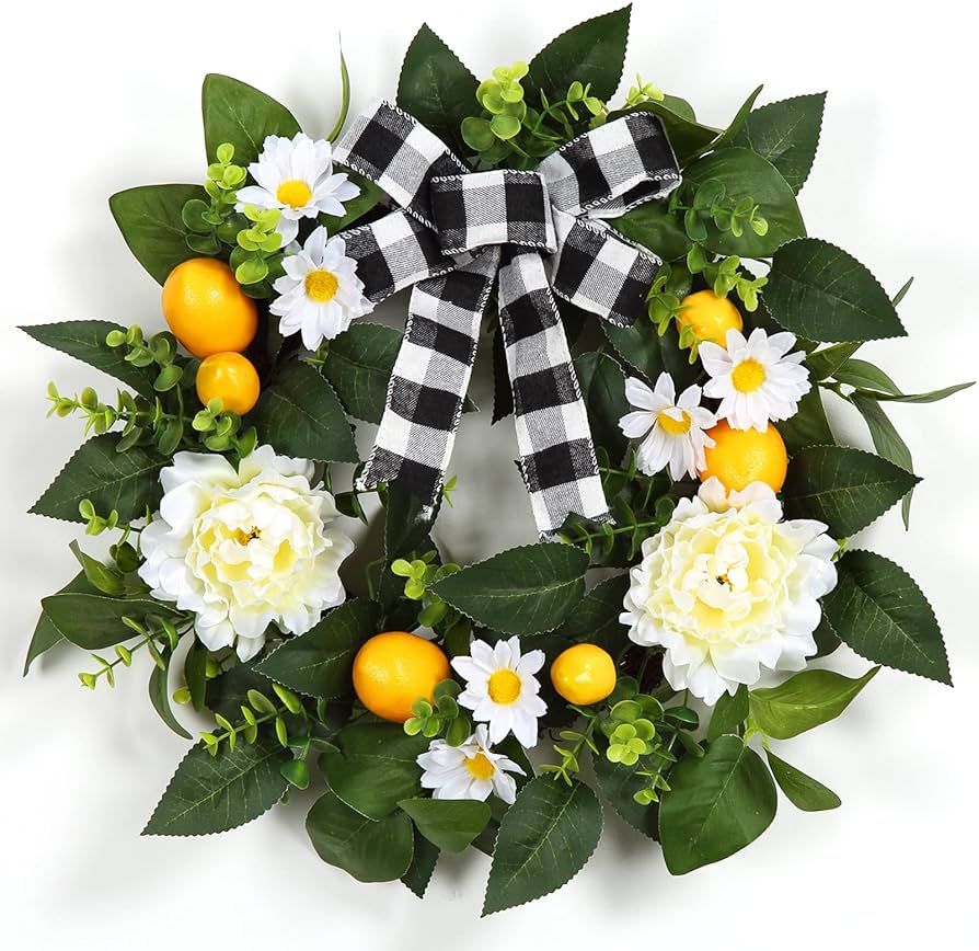 Adeeing 20 Inch Lemon Wreath for Front Door, Spring Summer Wreath with Artificial Lemon Peony Flower | Amazon (US)
