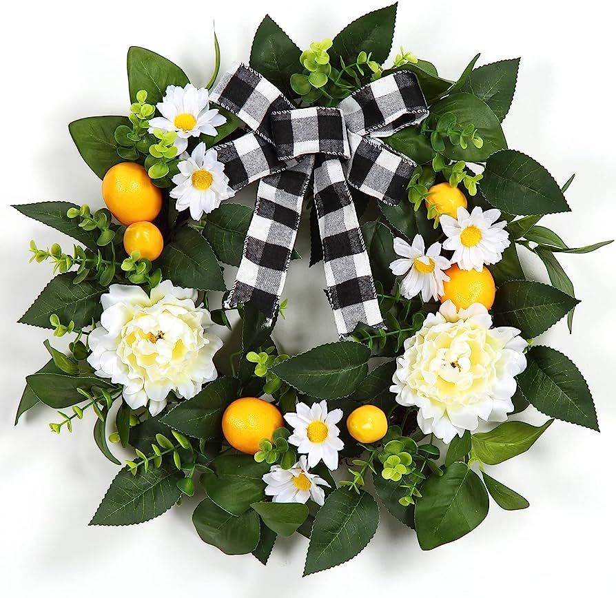 Adeeing 20 Inch Lemon Wreath for Front Door, Spring Summer Wreath with Artificial Lemon Peony Flower | Amazon (US)