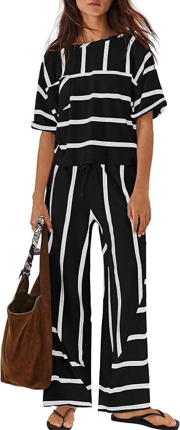 Nirovien Womens Striped Lounge Set 2 Piece Vacation Sets Short Sleeve Tops and Wide Leg Pants Tra... | Amazon (US)