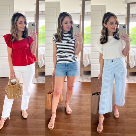 Outfit 1: 
Top: petite xs 
Jeans: 24 extra short 
Shoes: tts 

Outfit 2: 
Top: petite xxs 
Shorts: 00 
Sandals: size up if in between sizes 
Outfit 3
Top: petite xs 
Pants: petite 00 (size down, they stretch with wear) 
Shoes: tts 